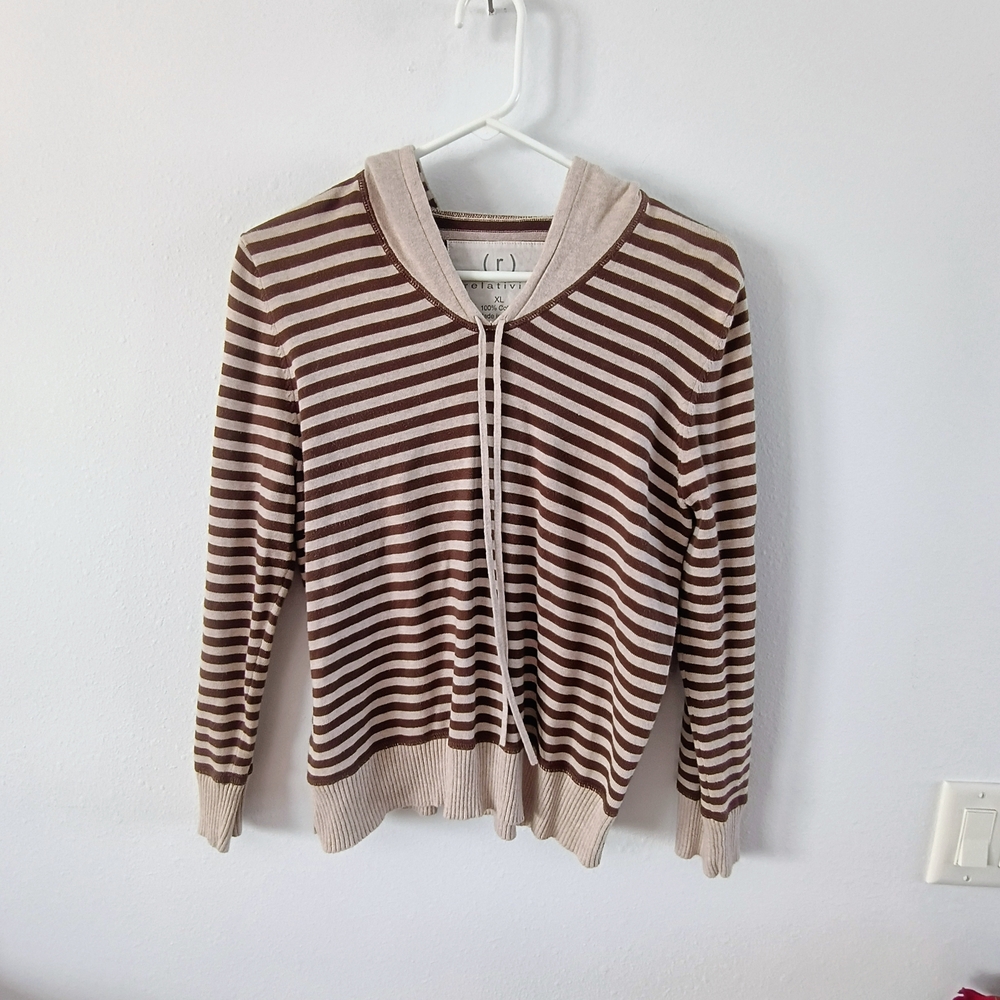 Relativity Brown Cream Striped Cotton Hoodie Lightweight Sweater Womens XL
